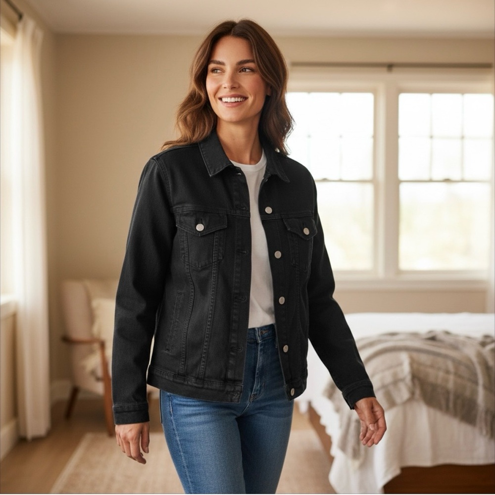 BYLT Basics Black Denim Jacket with Chest Pockets